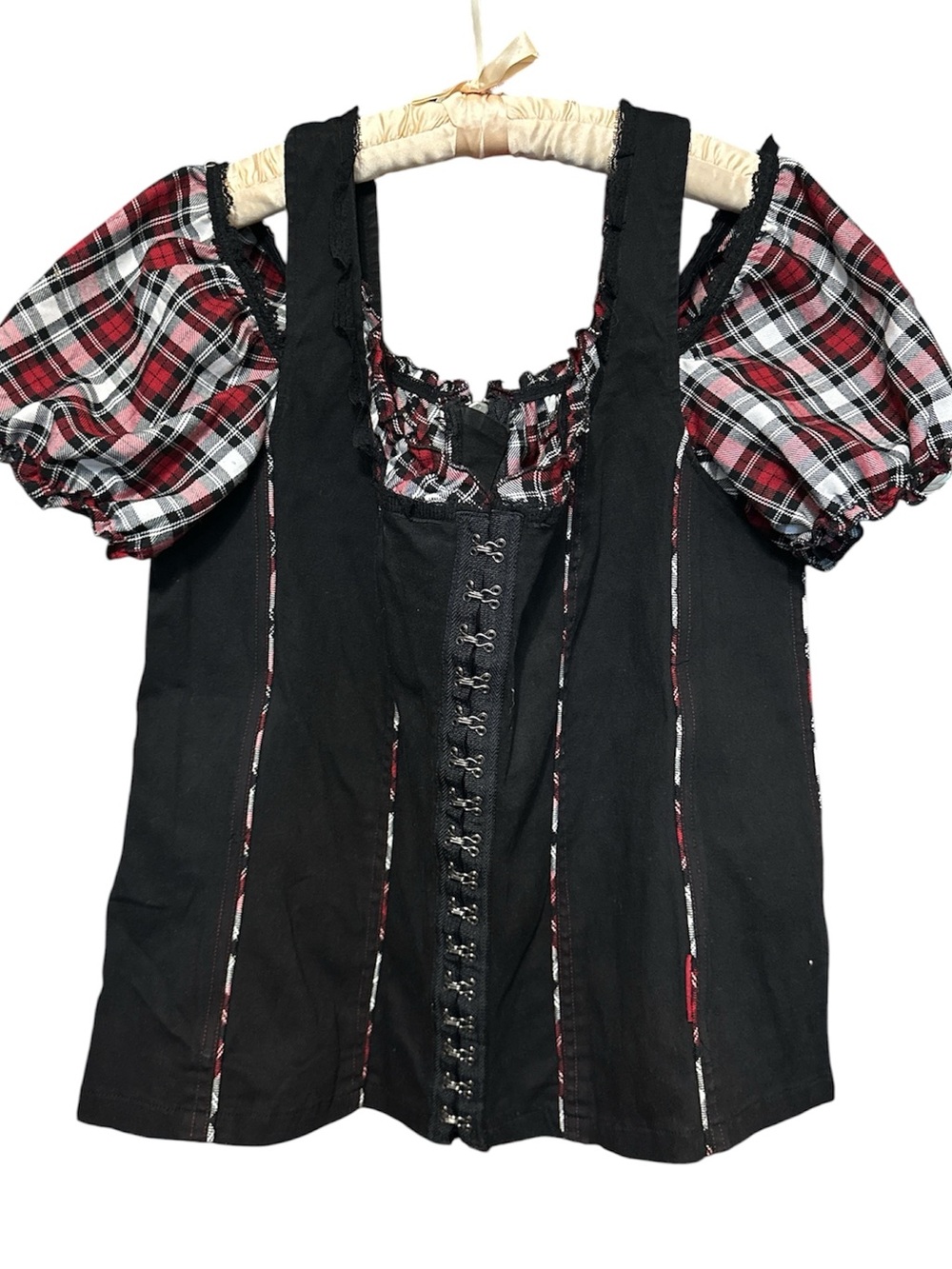 Tripp nyc Y2K Vintage Goth Black Top with Red and White Plaid Milkmaid Sleeves 3